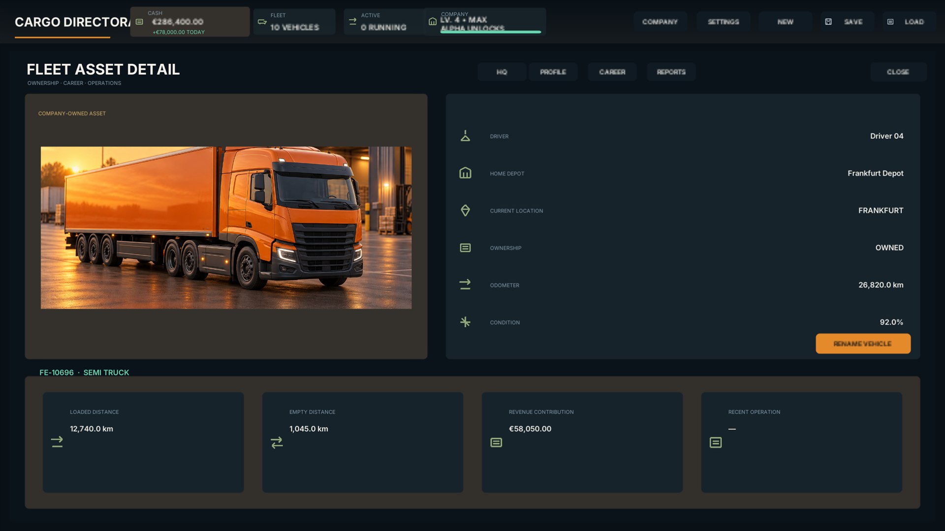 Cargo Directorate vehicle ownership screen