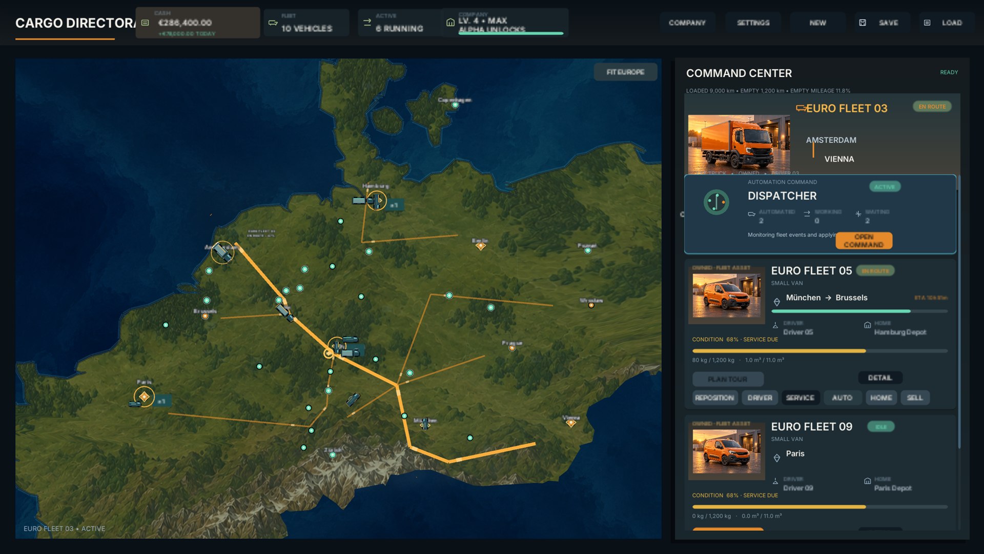 European map with active vehicles and automation