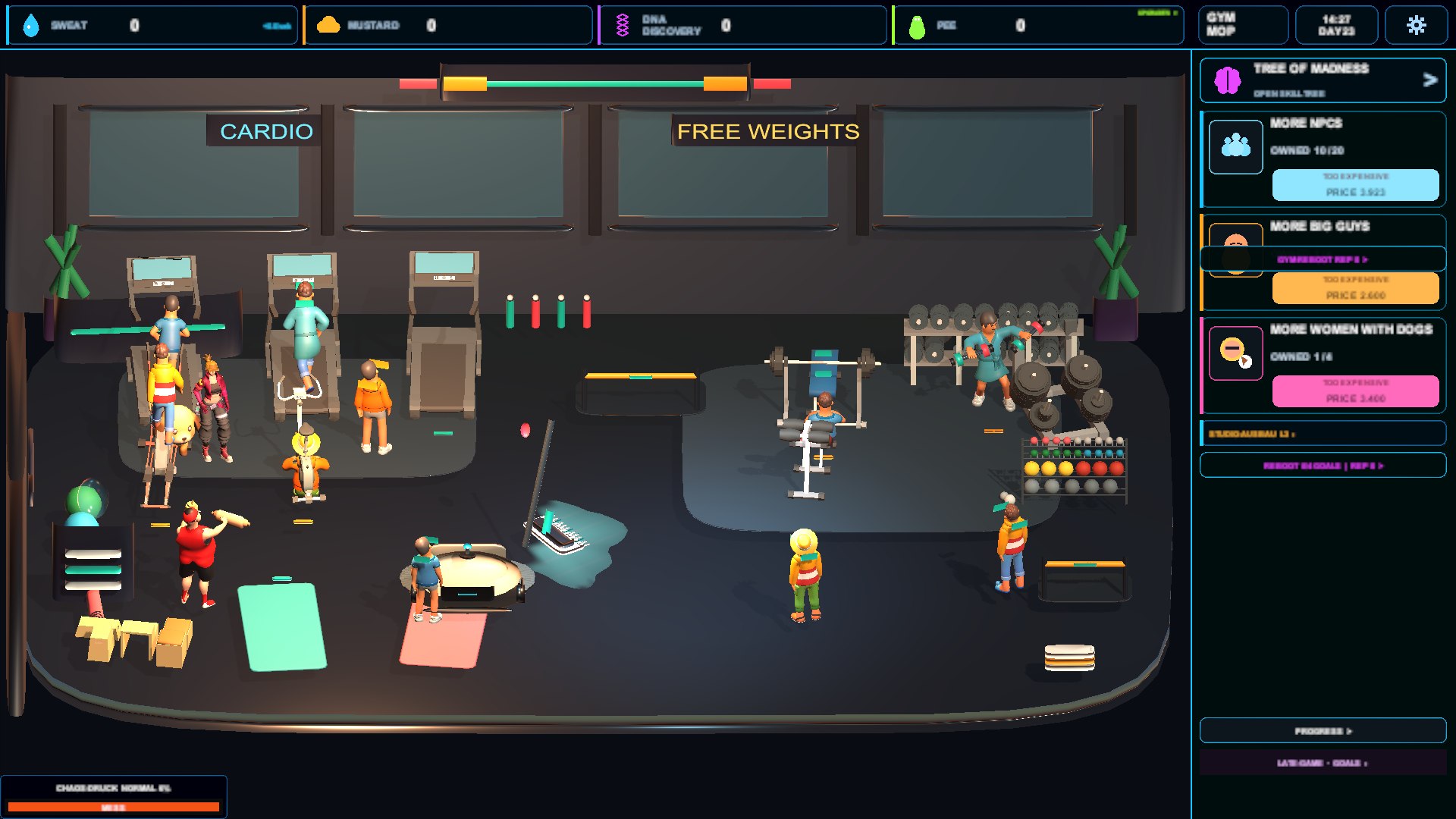 Busy gym floor with puddles, guests and progression interface
